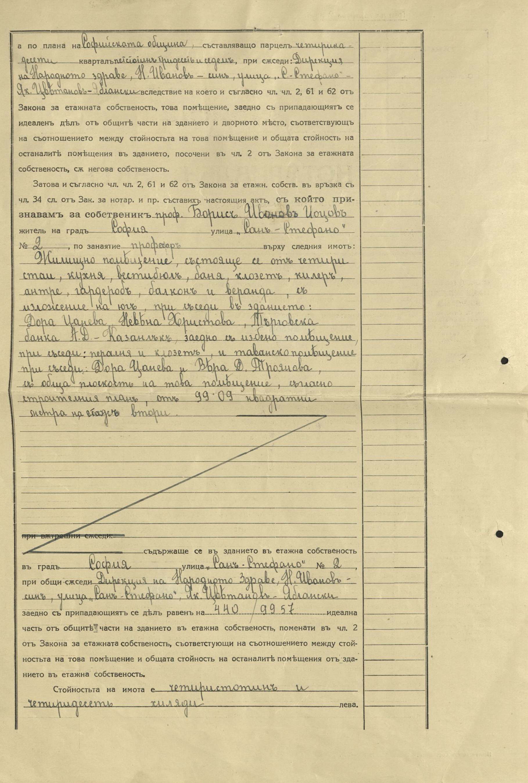 Нотариален акт от 1936 г. и Записка за вписване за право на собственост (за апартамент на ул. “Сан Стефано” № 2 )