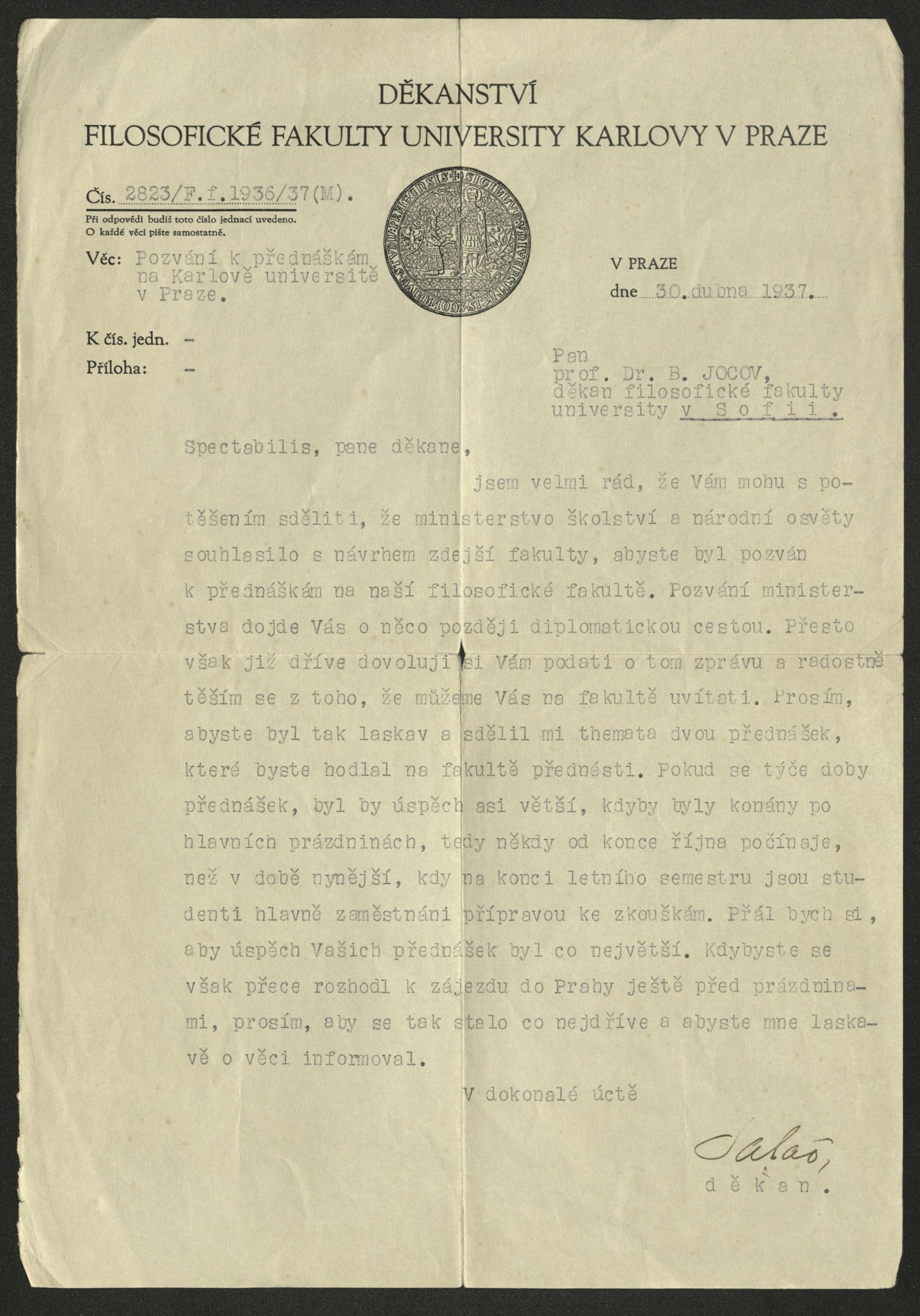 Писмо от декана на Философския факултет на Карловия университет, Прага - 1937 г.